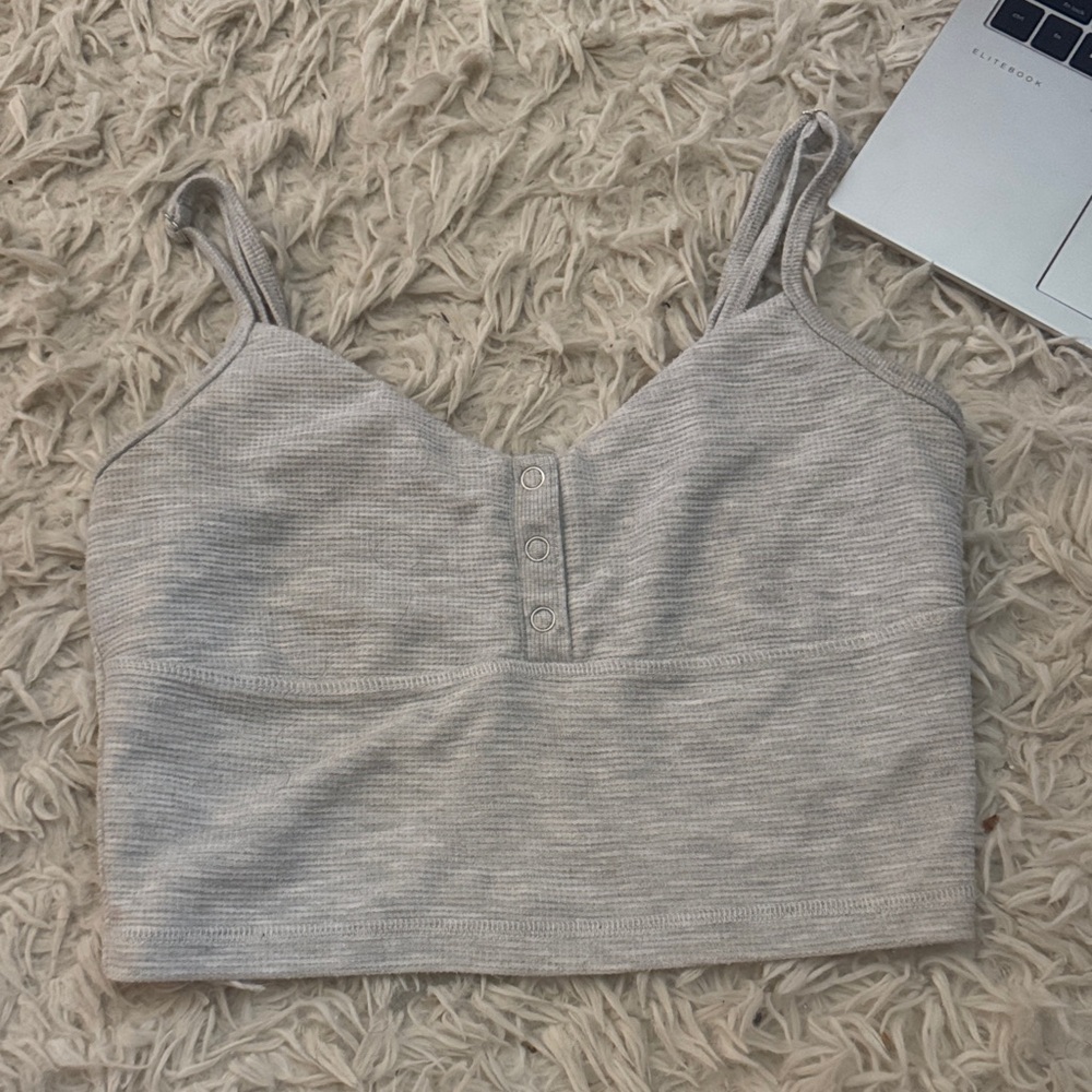 Garage Beige Ribbed Crop Cami with Snap Front